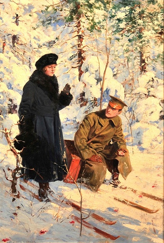 A Winter Scene, Lovers On Skis by Anton Otto Fischer